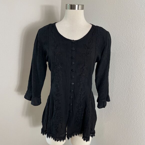 Scully Womens Small Black Embroidered Button Up Blouse 3/4 Sleeve Shirt Tie Back - Picture 1 of 9